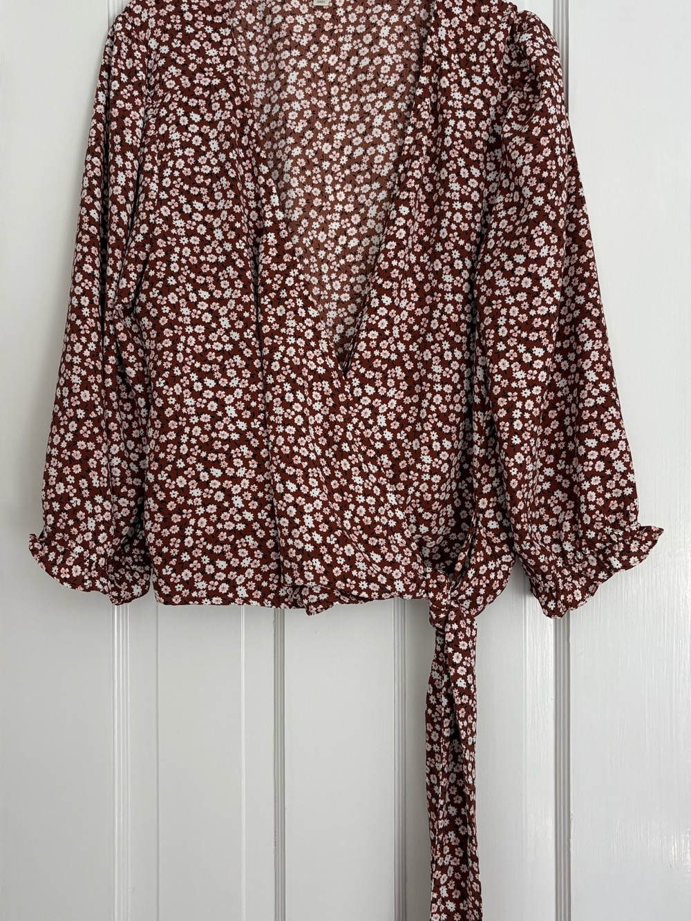 nine britton Brown Floral Wrap Blouse
